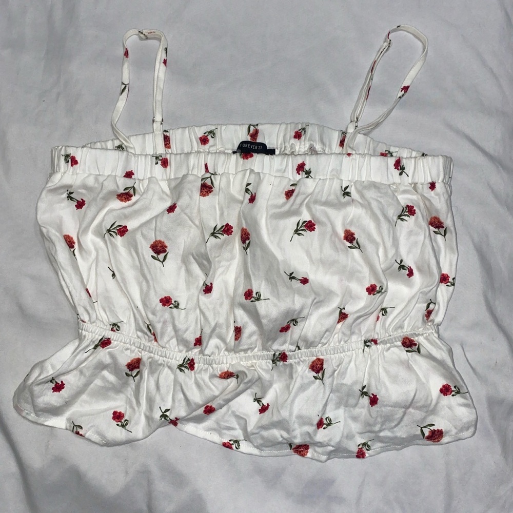 white tank top with roses and poof at the bottom